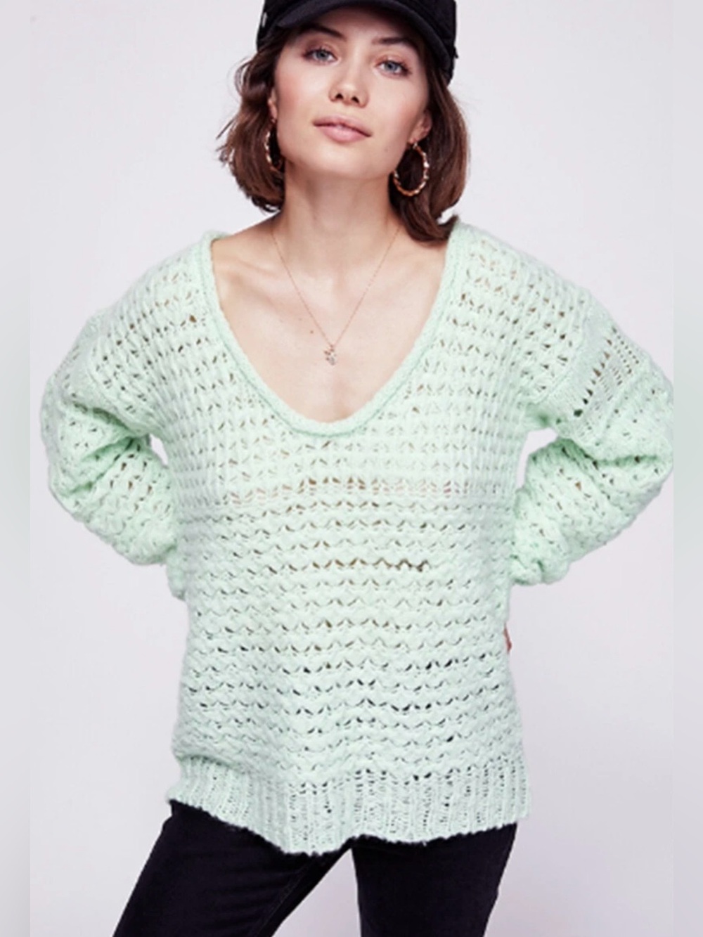 Free People Sz M Crashing Waves open-knit pullover sweater mint green